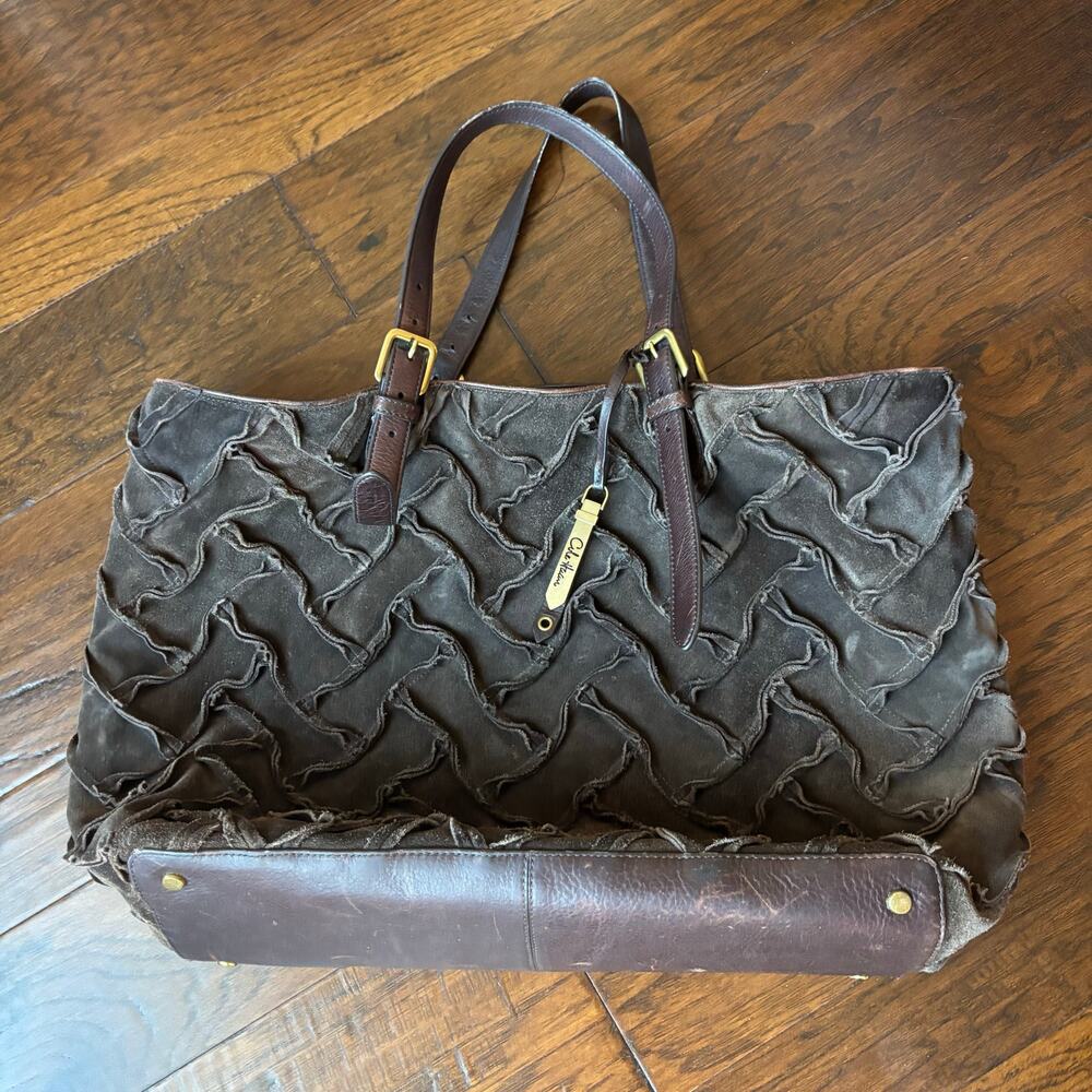 Cole Haan Sloane Woven Brown Suede Tote Bag Hobo Chocolate Weekender - Picture 2 of 16